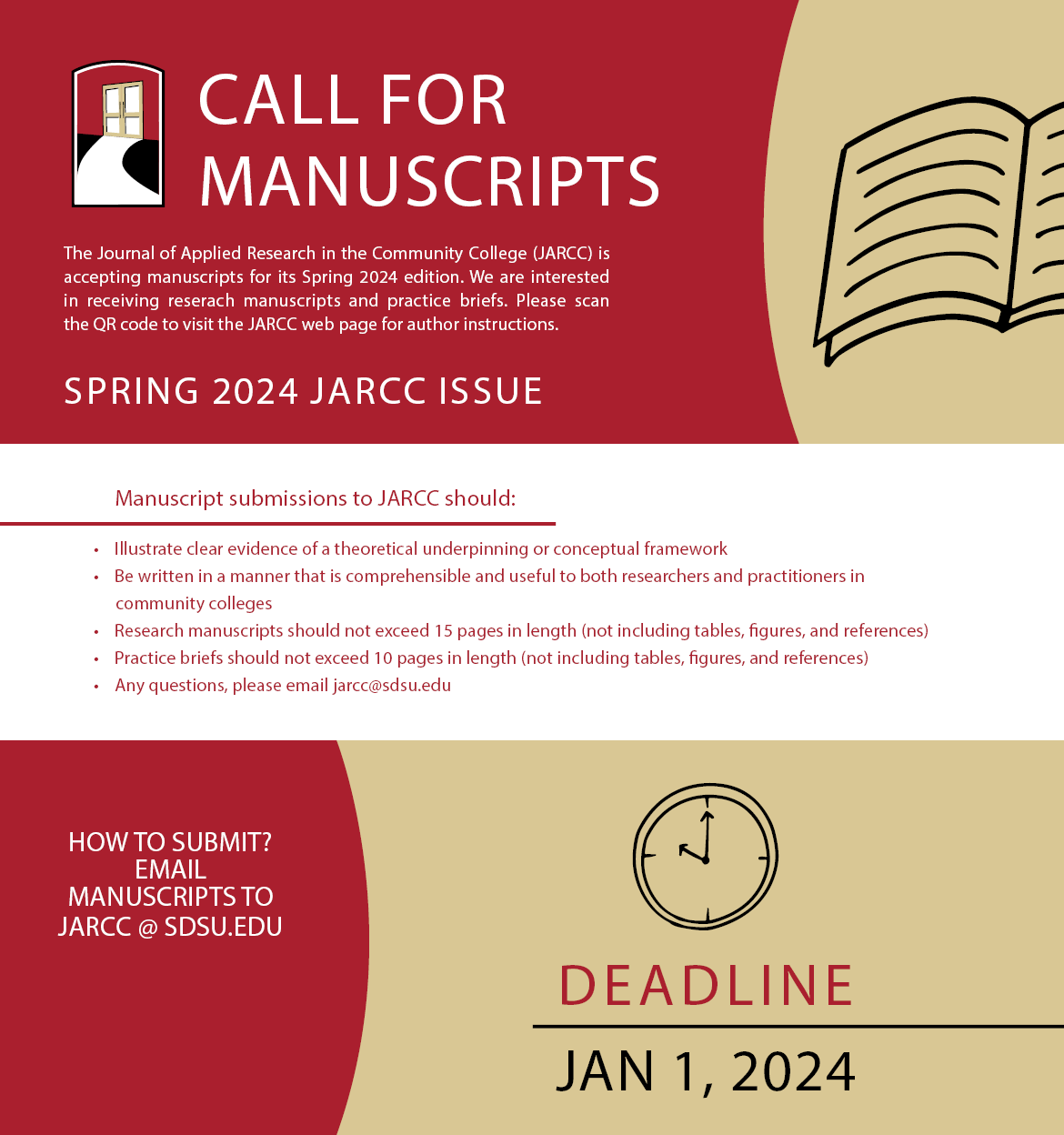 The Journal of applied research in the community college (JARCC) is accepting manuscripts for its Spring 2024 edition.